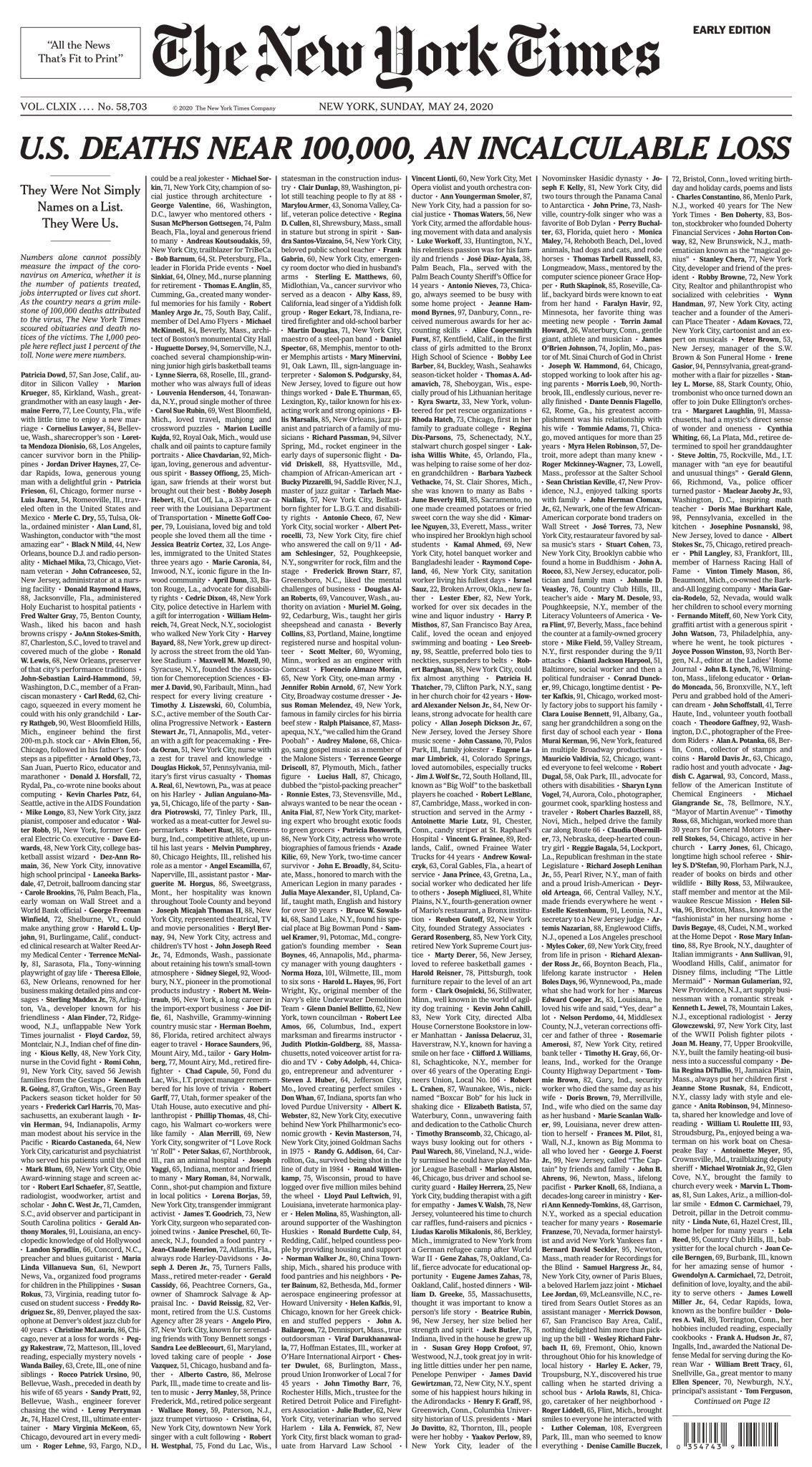 23日提前公布了将于24日出版的报纸头版——大标题是"美国接近10万人